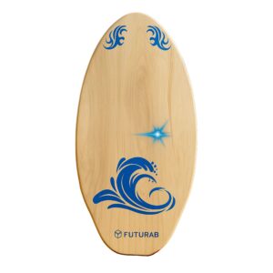 Skimboard FUTURA8 de madera con diseño de ola azul sobre fondo blanco