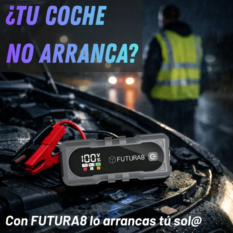 Arrancador FUTURA8 sobre el motor de un coche bajo la lluvia por la noche