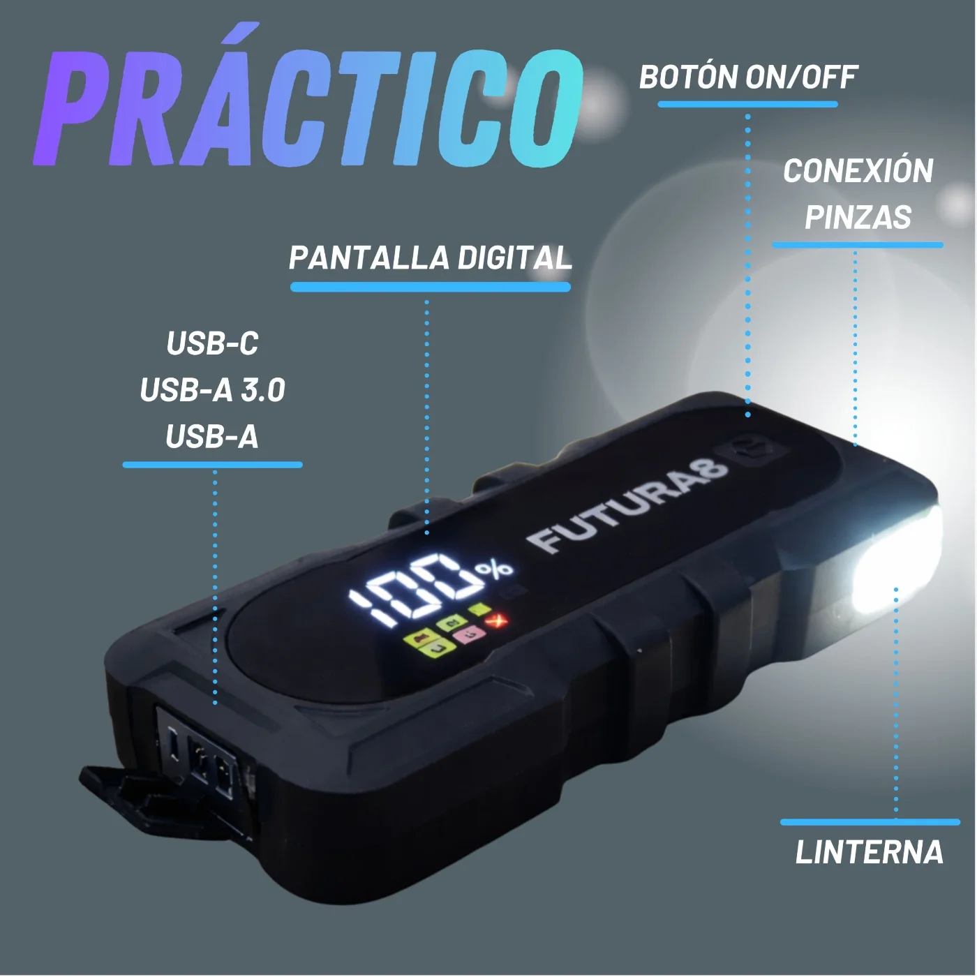 Arrancador FUTURA8: pantalla digital, botón on/off, USB-C, USB-A y conexión de pinzas