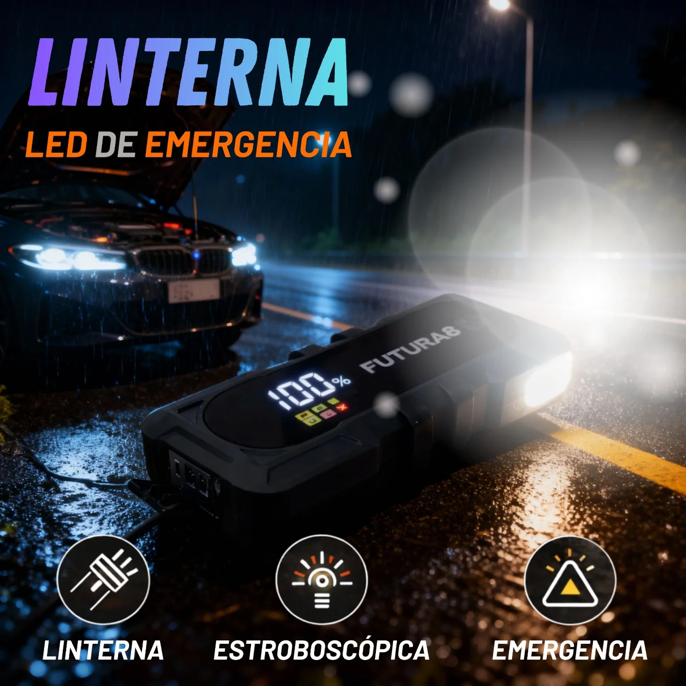 Linterna LED de emergencia del arrancador FUTURA8 junto a un coche con el capó abierto